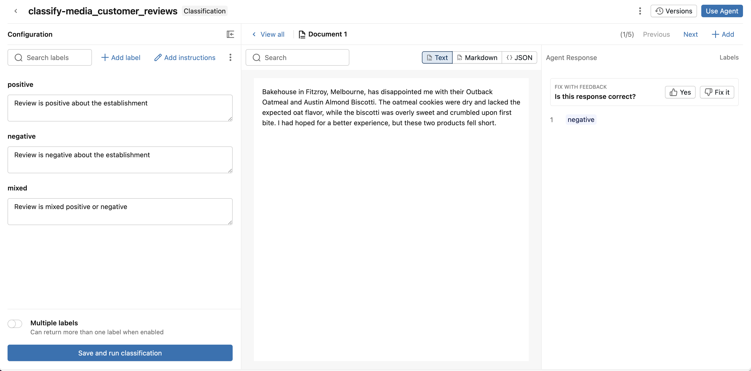 Classification review UI showing classification labels and results