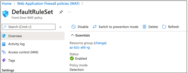 Screenshot of options and selections for DefaultRuleSet under Web Application Firewall policies.