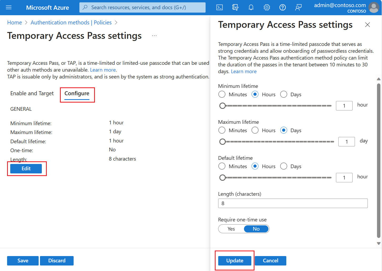 Screenshot of how to customize the settings for Temporary Access Pass.