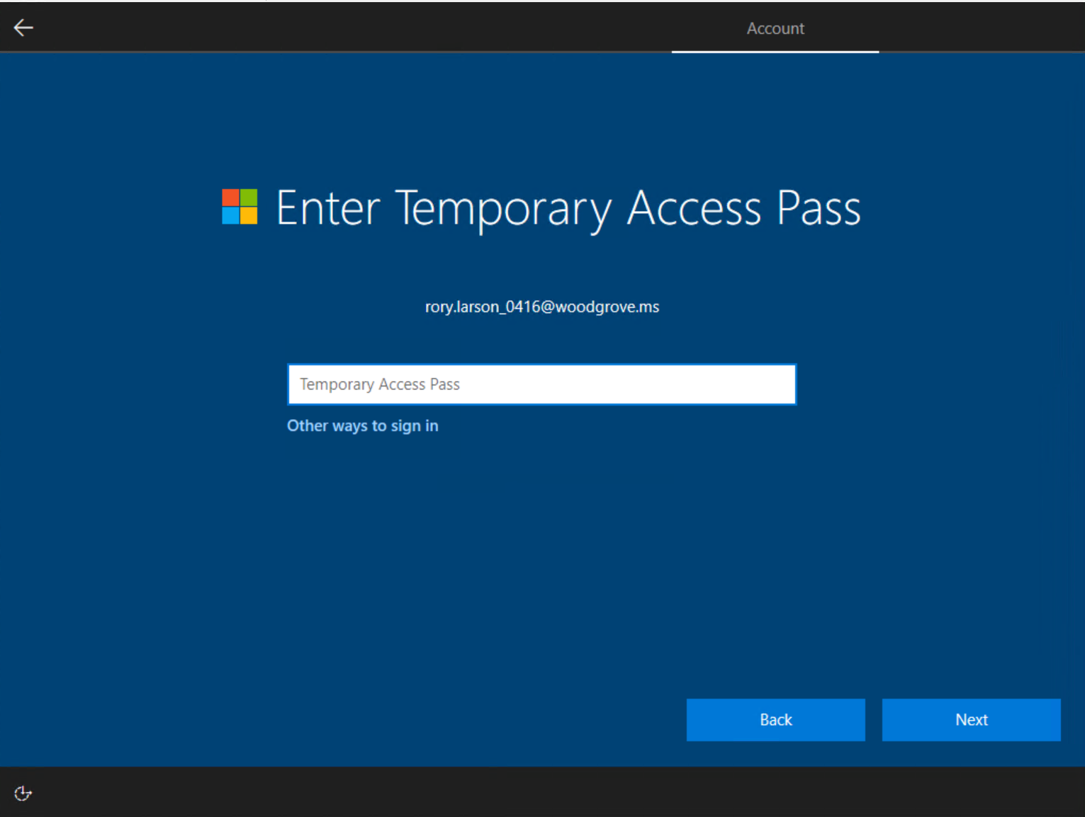 Screenshot of how to enter Temporary Access Pass when setting up Windows 10.
