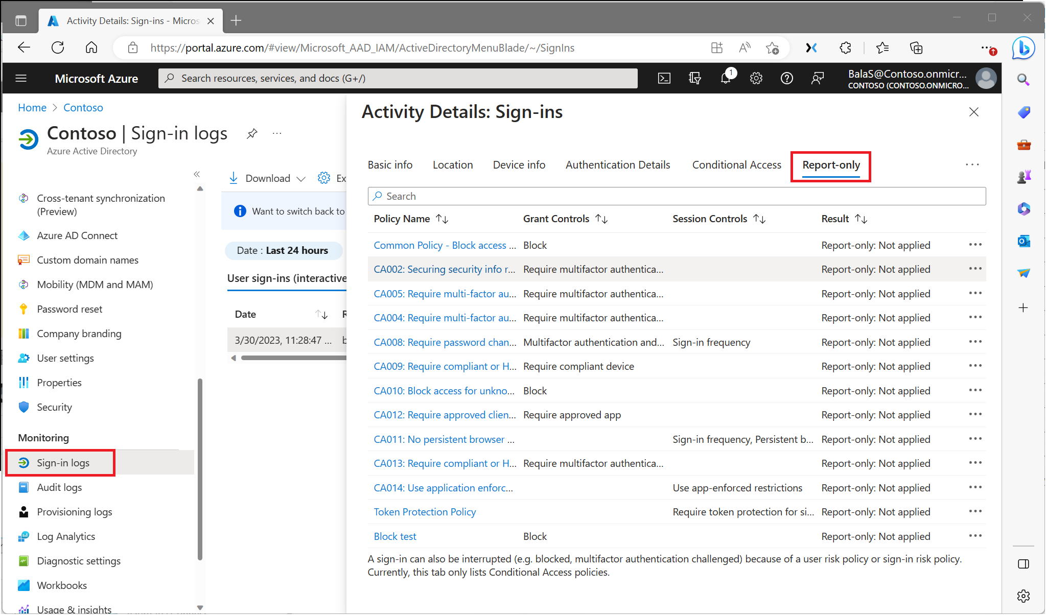 Report-only tab in Azure AD sign-in log