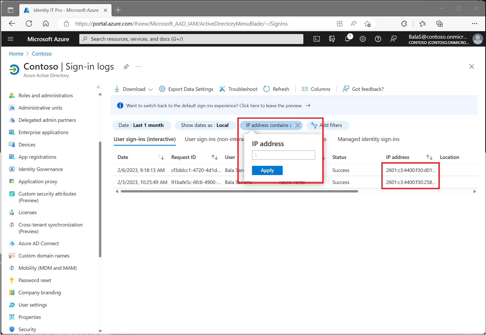 A screenshot showing Azure AD Sign-in logs and an IP address filter for IPv6 addresses.