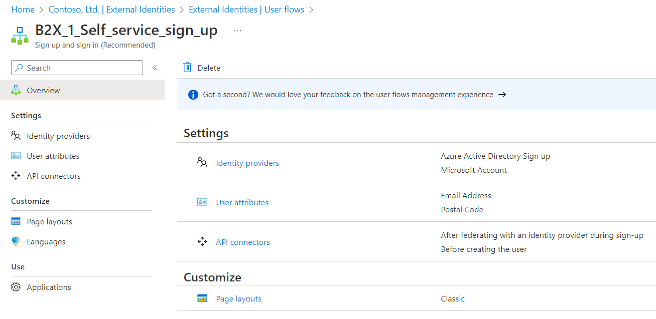 Screenshot showing the user flows page.