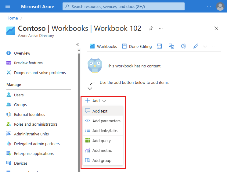 Screenshot of the Azure Workbooks +Add menu options.