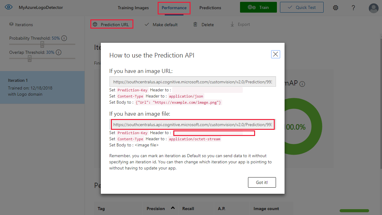 The Custom Vision website, showing a Prediction API window that displays a URL address and API key