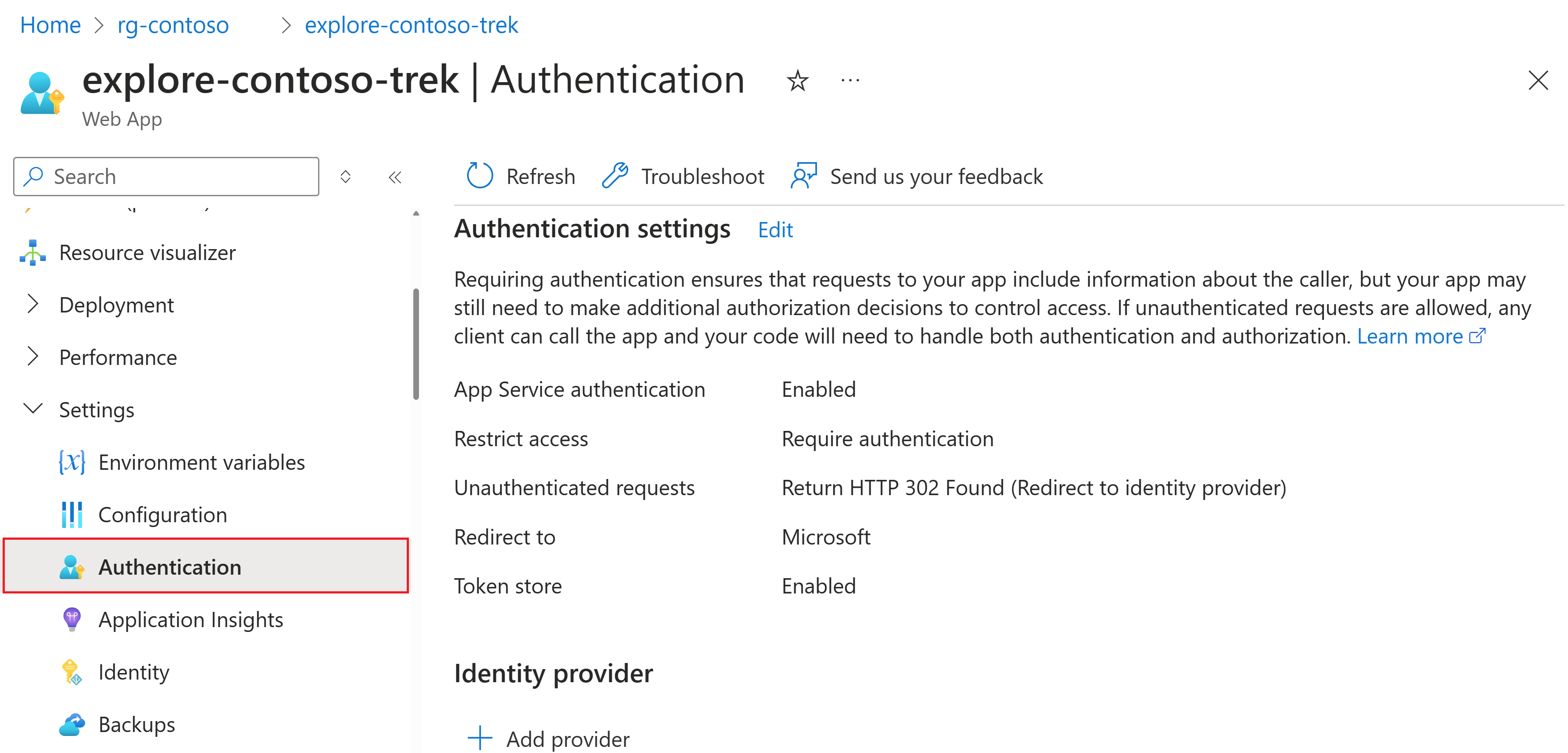 Screenshot of web app authentication menu item under settings in the Azure portal.