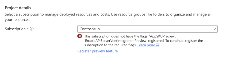 The screenshot of the error shown when a  subscription doesn't have preview flags registered while creating an AKS Automatic cluster in the Azure portal.