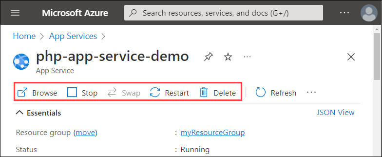 Screenshot of the App Service overview page in Azure portal. In the action bar, the Browse, Stop, Swap (disabled), Restart, and Delete button group is highlighted.