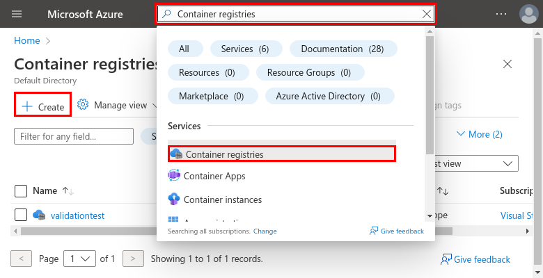 A screenshot showing how to use the search box in the top tool bar to find the container registry creation wizard.
