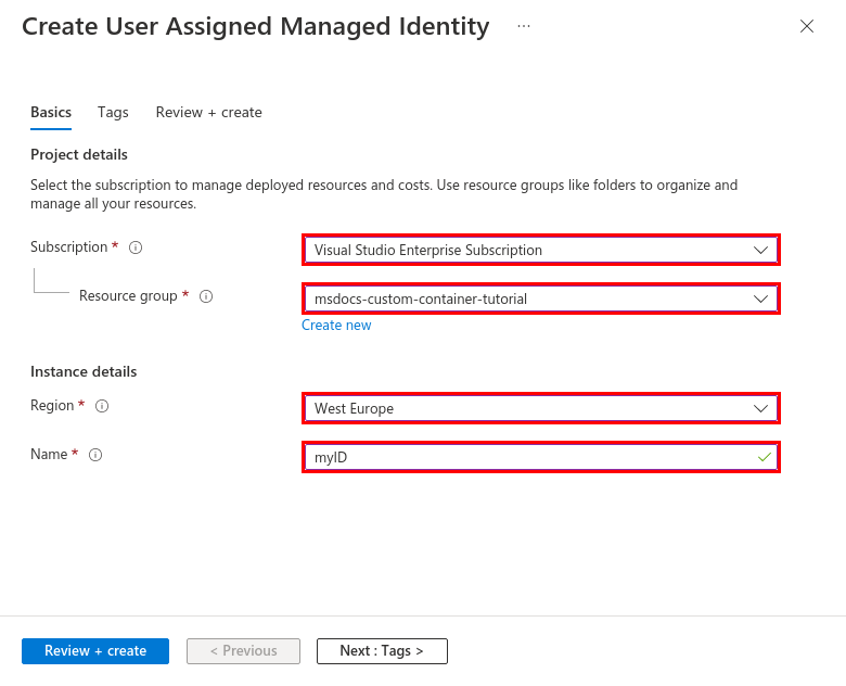 A screenshot showing how to configure a new managed identity in the creation wizard.