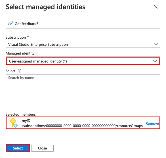 A screenshot showing a user-assigned managed identity selected for role assignment.