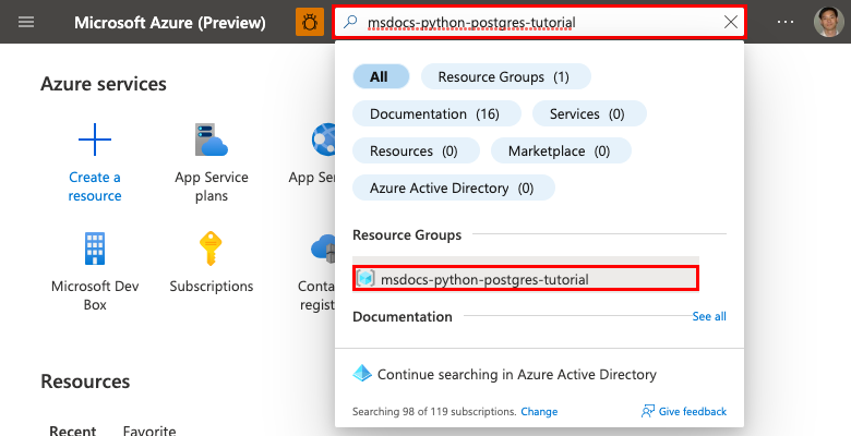 A screenshot showing how to search for and navigate to a resource group in the Azure portal.