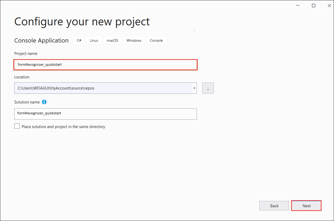 Screenshot of Visual Studios configure new project dialog window.