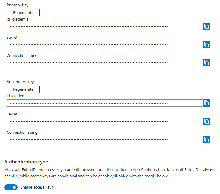 Screenshot showing access keys for an Azure App Configuration resource.