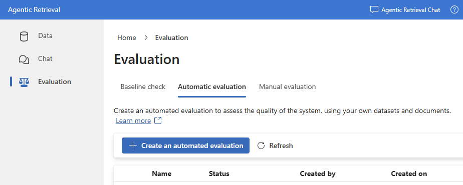 Screenshot of the Automatic Evaluation tab in the developer portal with options for creating evaluations.