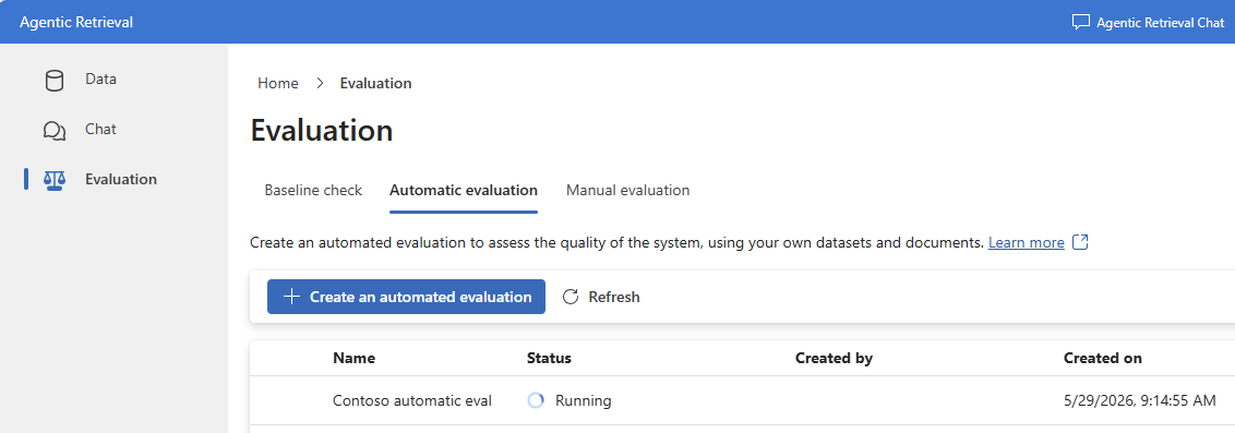 Screenshot shows the results of an automatic evaluation, including metrics and evaluation details.