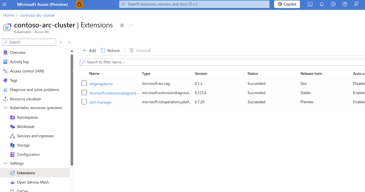 Screenshot of the Azure portal showing the Extensions blade for an AKS cluster on Azure Local.