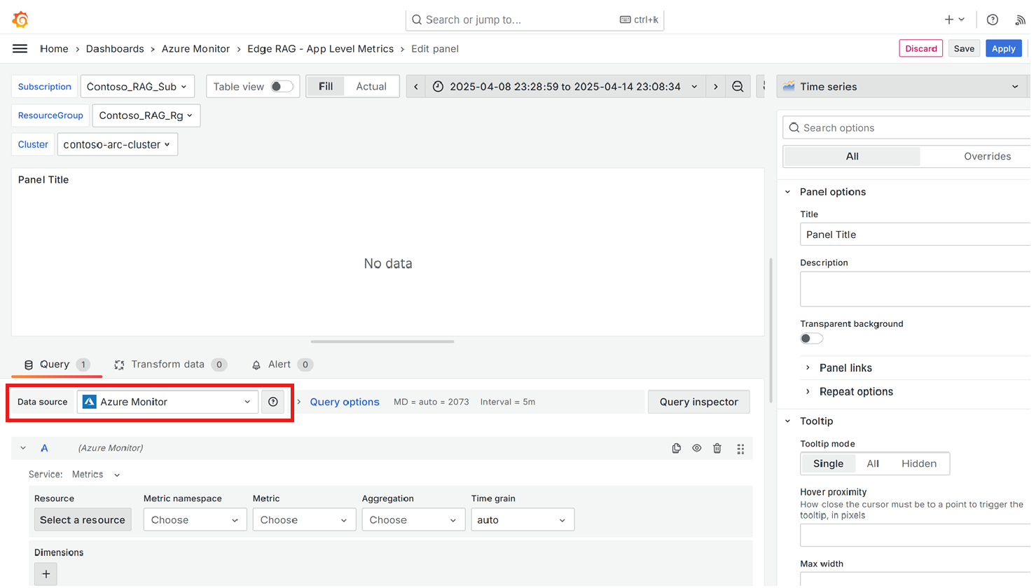 Screenshot showing the Azure Monitor data source configuration in Azure Managed Grafana.