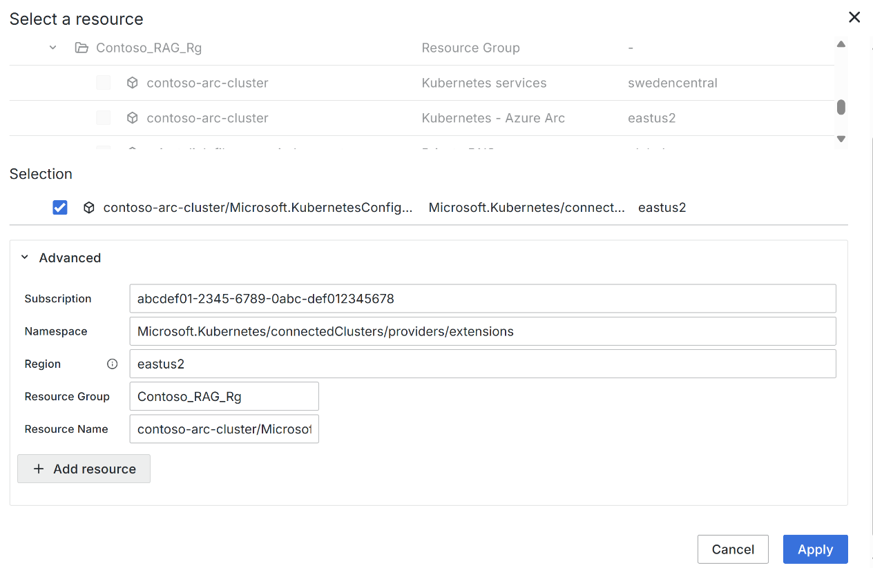 Screenshot showing the Azure Managed Grafana interface with the Namespace field set to 'Microsoft.KubernetesConfiguration/extensions' and the Resource Name field populated with a specific resource path.