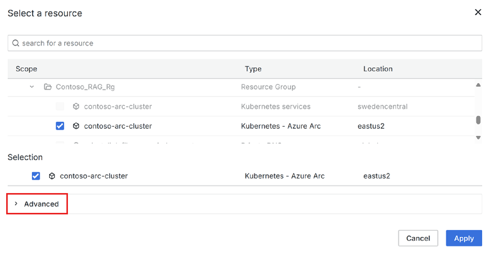 Screenshot showing the Azure Managed Grafana interface with the 'Select a resource' drop-down menu expanded, displaying available Azure Arc resources grouped by subscription and resource group.