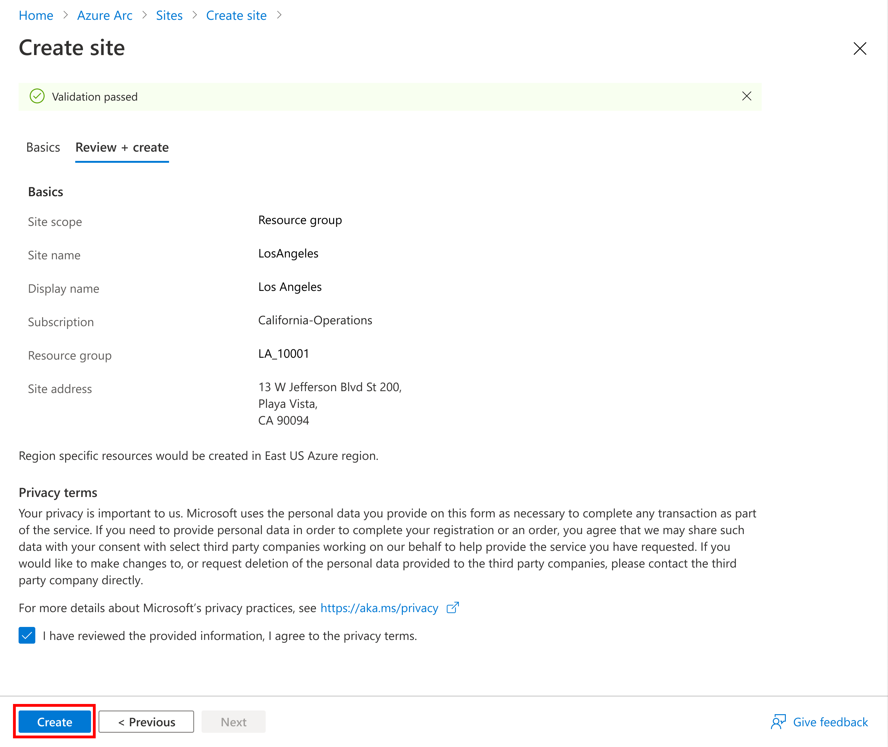 Screenshot that shows the validation and review page for a new site and then select create.