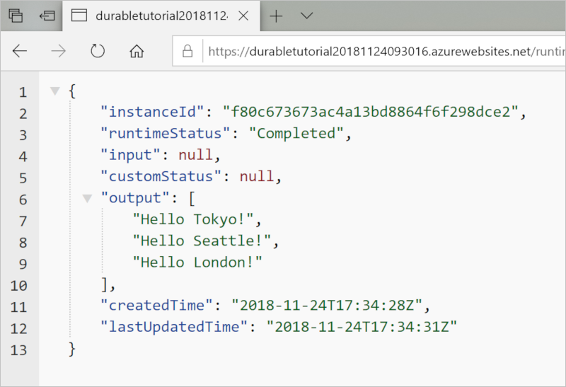 Screenshot of the running durable function in Azure.