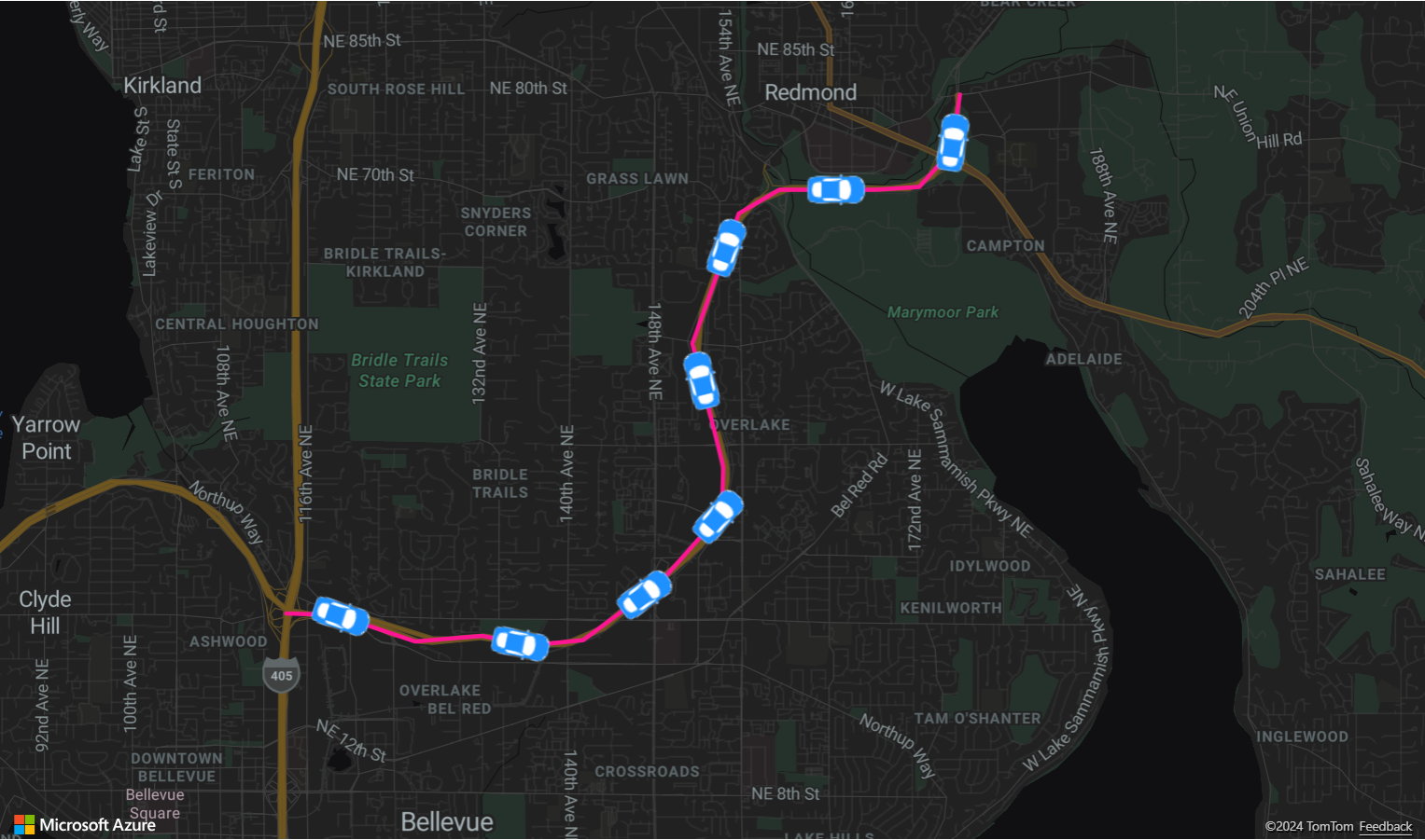 Screenshot showing a map displaying a line layer marking the route with car icons along the route.