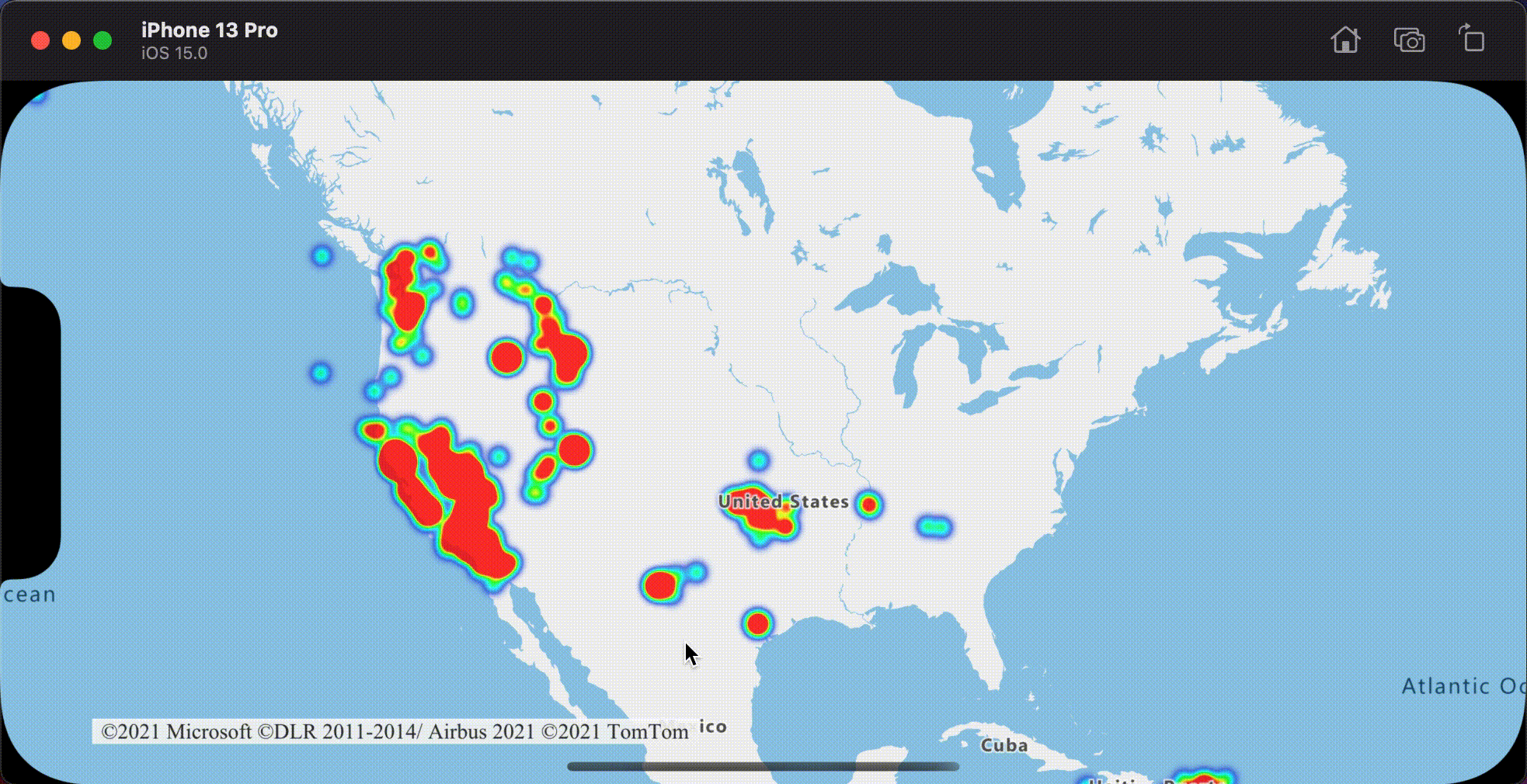 Animation showing a map zooming with a heat map layer showing a consistent point size.