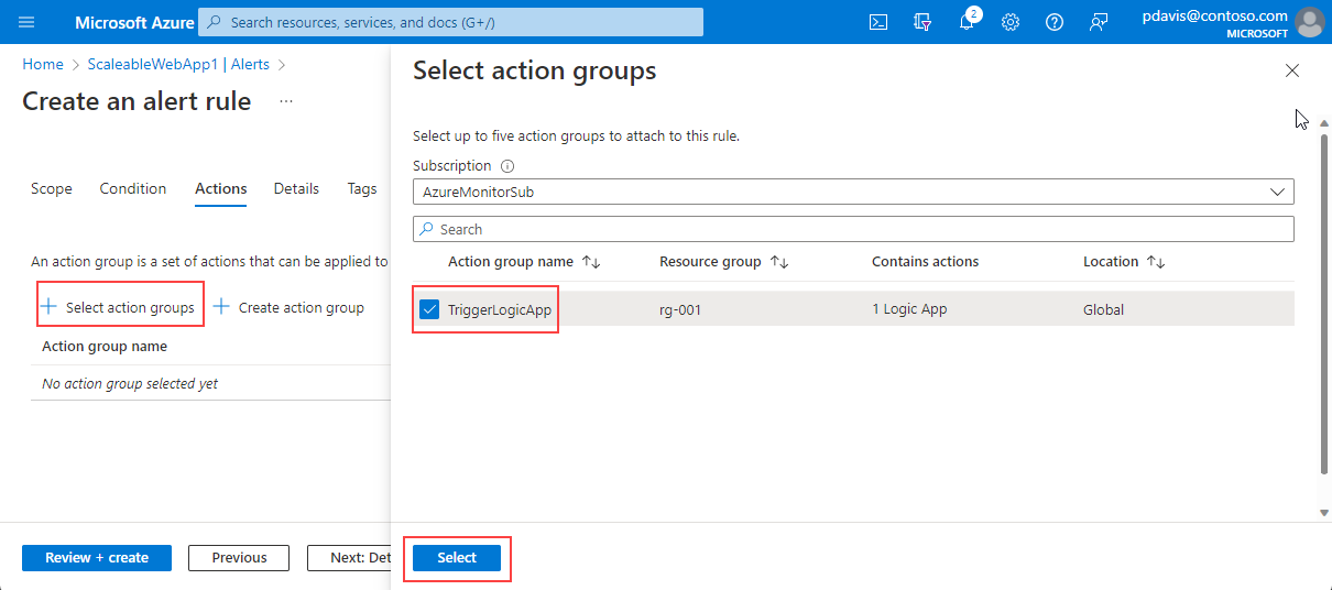 Screenshot that shows the Actions tab on the Create an alert rule pane and the Select action groups pane.
