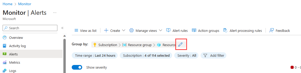 Screenshot that shows the pencil icon to edit the timeline view of the alerts page in the Azure portal.