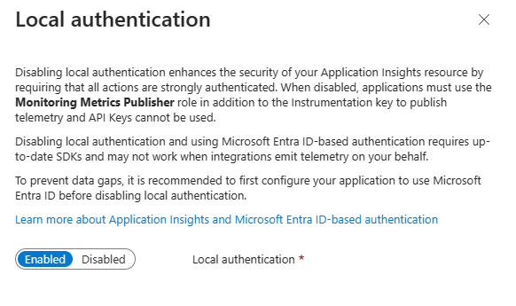 Screenshot that shows local authentication with the Enabled/Disabled button.