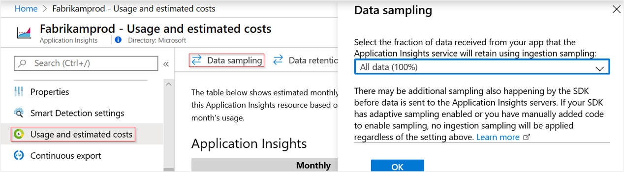 From the application's Overview pane, click Settings, Quota, Samples, then select a sampling rate, and click Update.