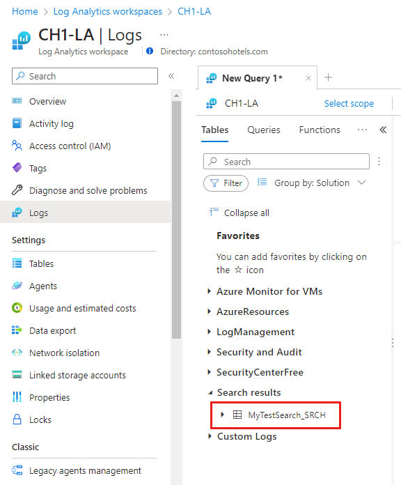 Screenshot that shows the Tables tab on Logs screen in the Azure portal with the search results tables listed under Search results.