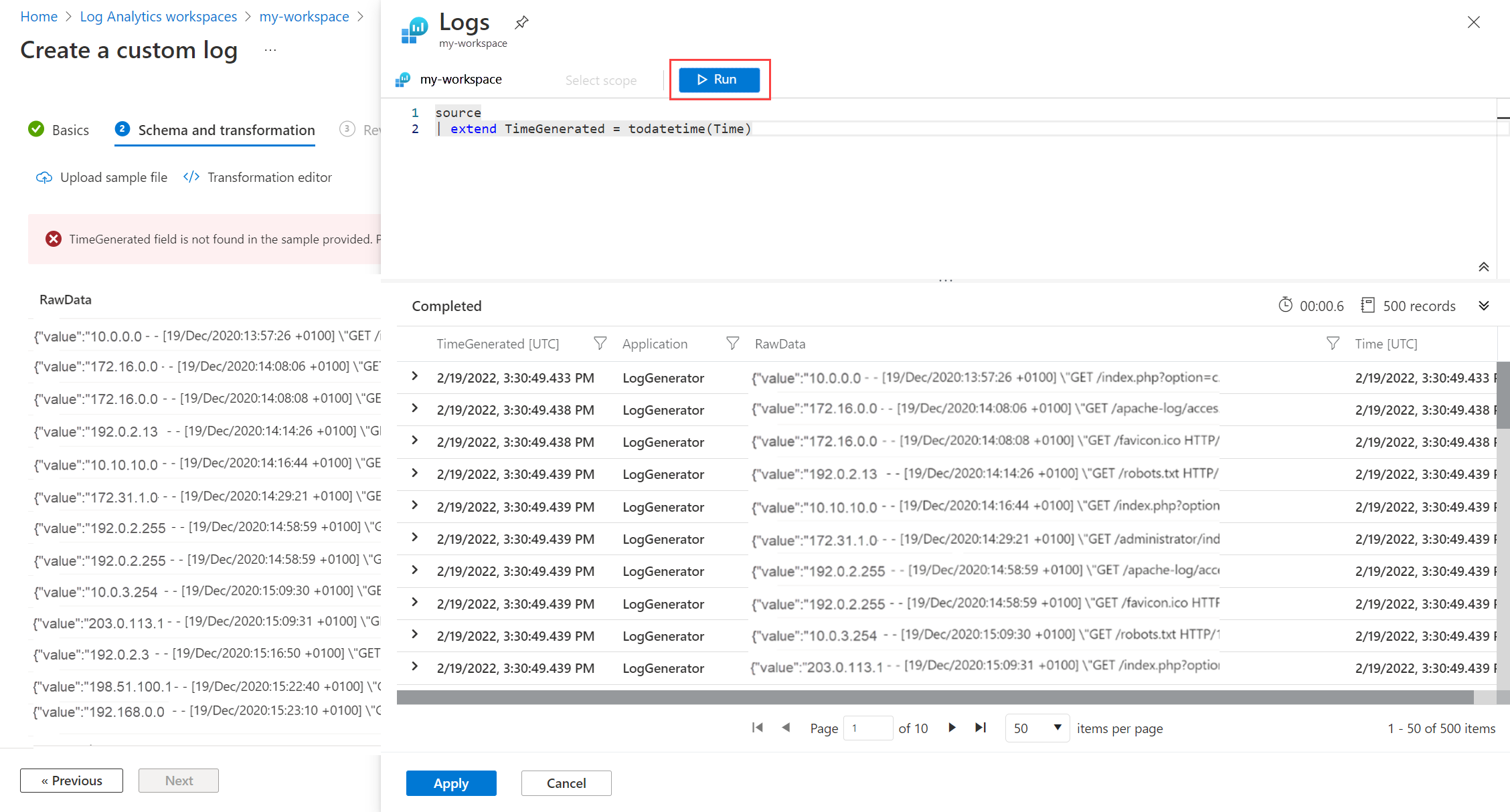 Screenshot showing initial custom log data query.