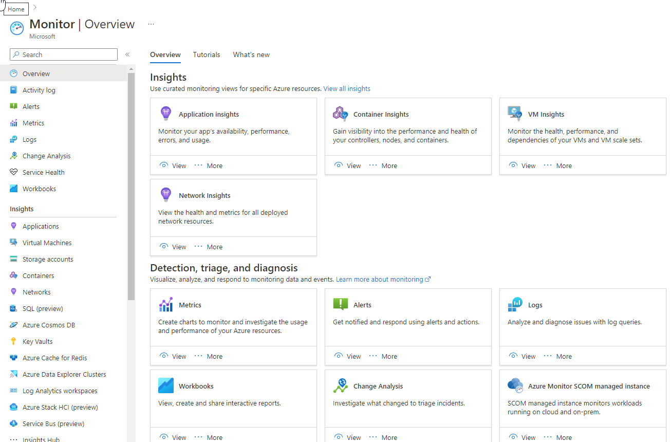Screenshot that shows the Monitor section of the Azure portal.