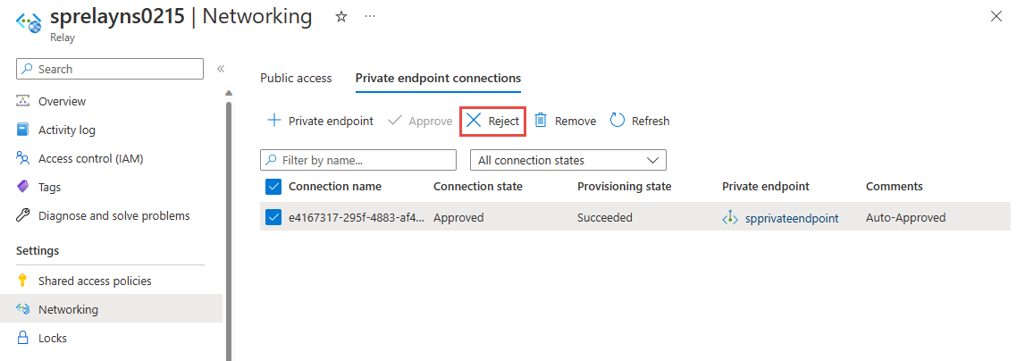 Screenshot showing the Reject button on the command bar for the selected private endpoint.