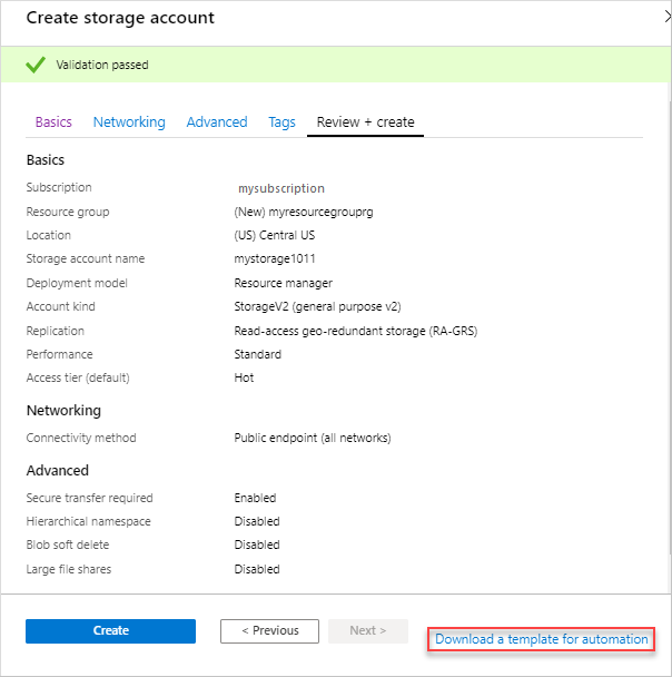 Screenshot of the option to download a template before deployment in Azure portal.