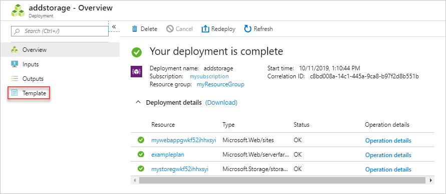 Screenshot of selecting the template used for a specific deployment in Azure portal.