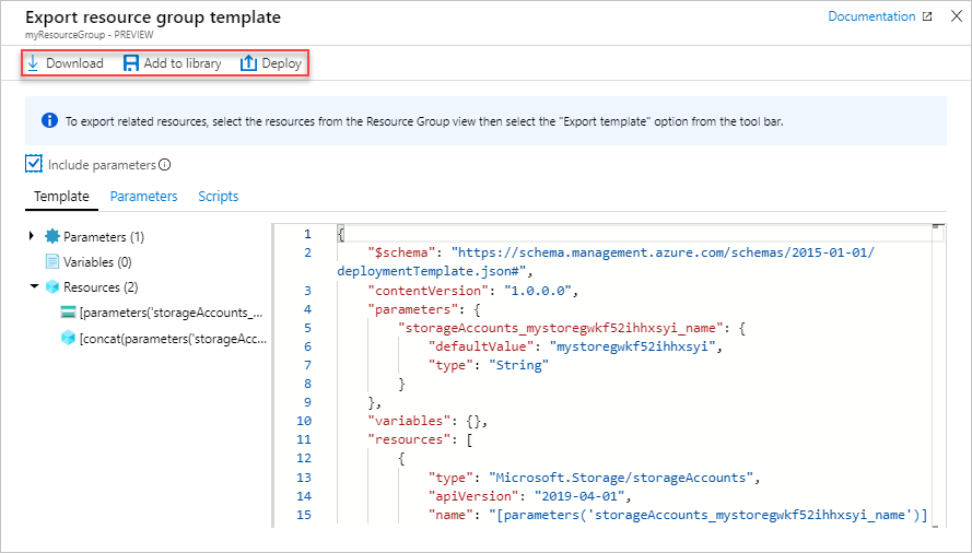 Screenshot of the displayed exported template in Azure portal.