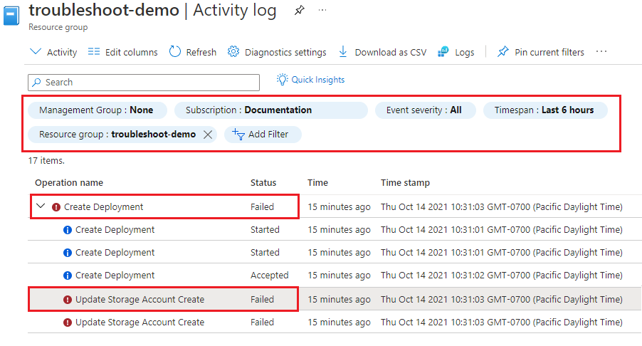 Screenshot of the Azure portal's resource group activity log, emphasizing a failed deployment with an error log.
