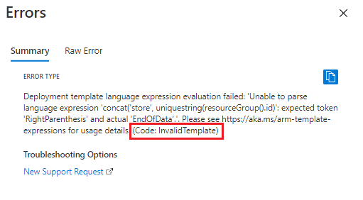 Screenshot of a validation error message in the Azure portal, showing a syntax error with error code InvalidTemplate.