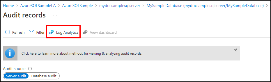 Screenshot of selecting Log Analytics in the Audit records menu in the Azure portal.