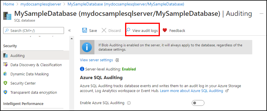 Screenshot of the Auditing menu in the Azure portal where you can select the View audit logs option.