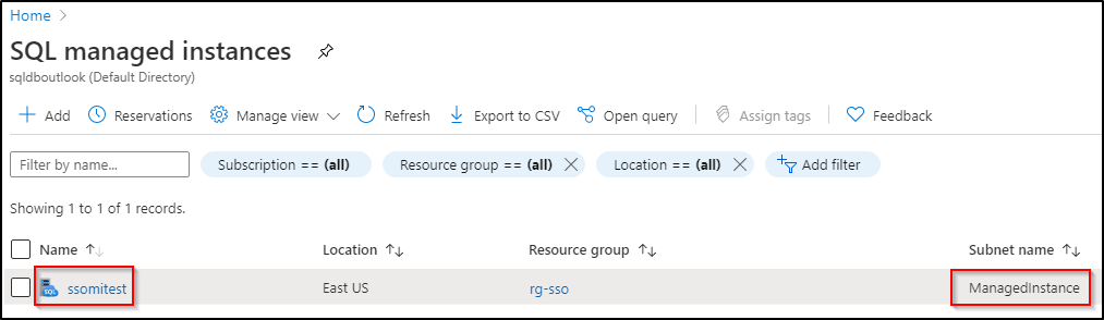 Screenshot of the SQL managed instances screen with the SQL instance name ssomitest and the Subnet name ManagedInstance highlighted.