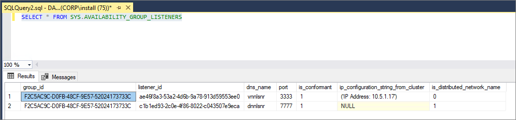 Use sys.availability_group_listeners to identify DNN listeners that have a value of 1 in is_distributed_network_name