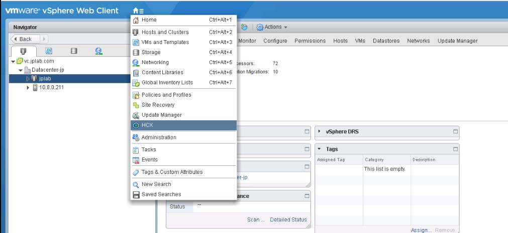 Screenshot shows the VMware HCX option in the vSphere Client.