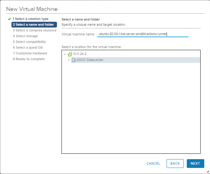 Screenshot showing the virtual machine name and location to configure a new VM.