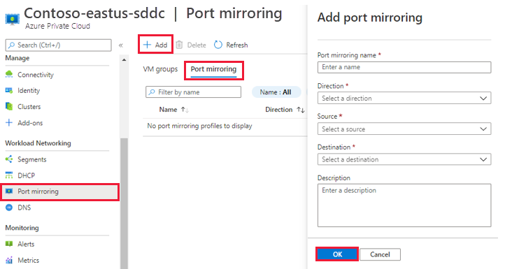 Screenshot showing the information required for the port mirroring profile.