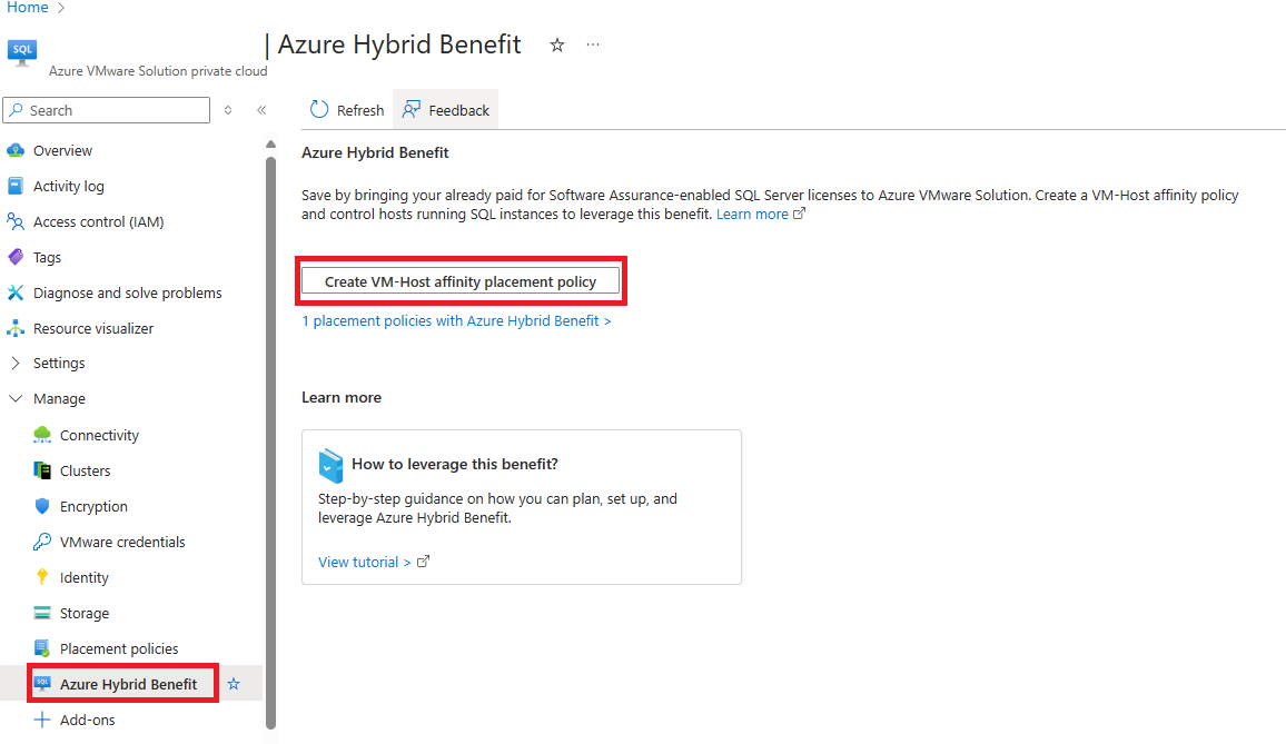 Screenshot that shows how to create a new VM-Host affinity placement policy.