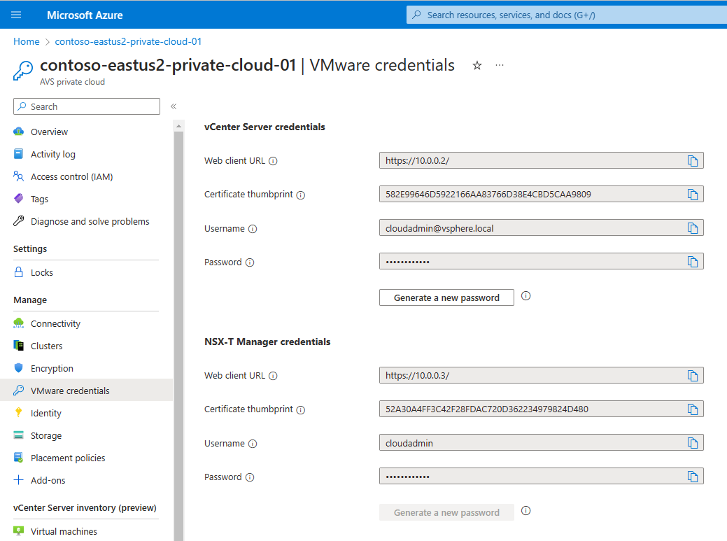 Screenshot displaying private cloud vCenter and NSX Manager URLs and credentials in Azure portal.